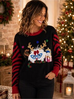 Ugly Christmas Sweater Cat Reindeer Pom Pom Holiday Sweater Women’s Medium